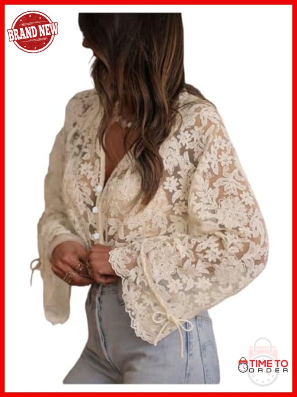 Women's Lace Button Up Shirt Peasant Boho Embroidered Long Sleeve Sheer Blouse